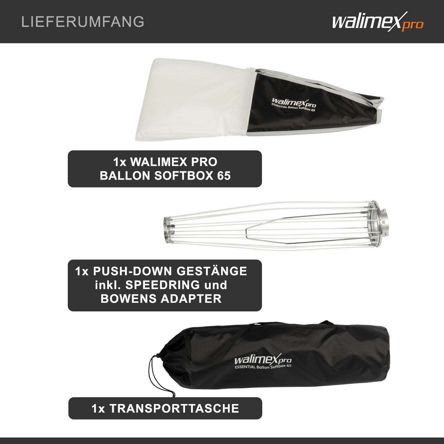 Essential Balloon Softbox 65cm, diffusore di luce a 360° ad apertura rapida, adattatore Bowens incluso, compatibile con tutti i flash standard e le luci continue con attacco Bowens