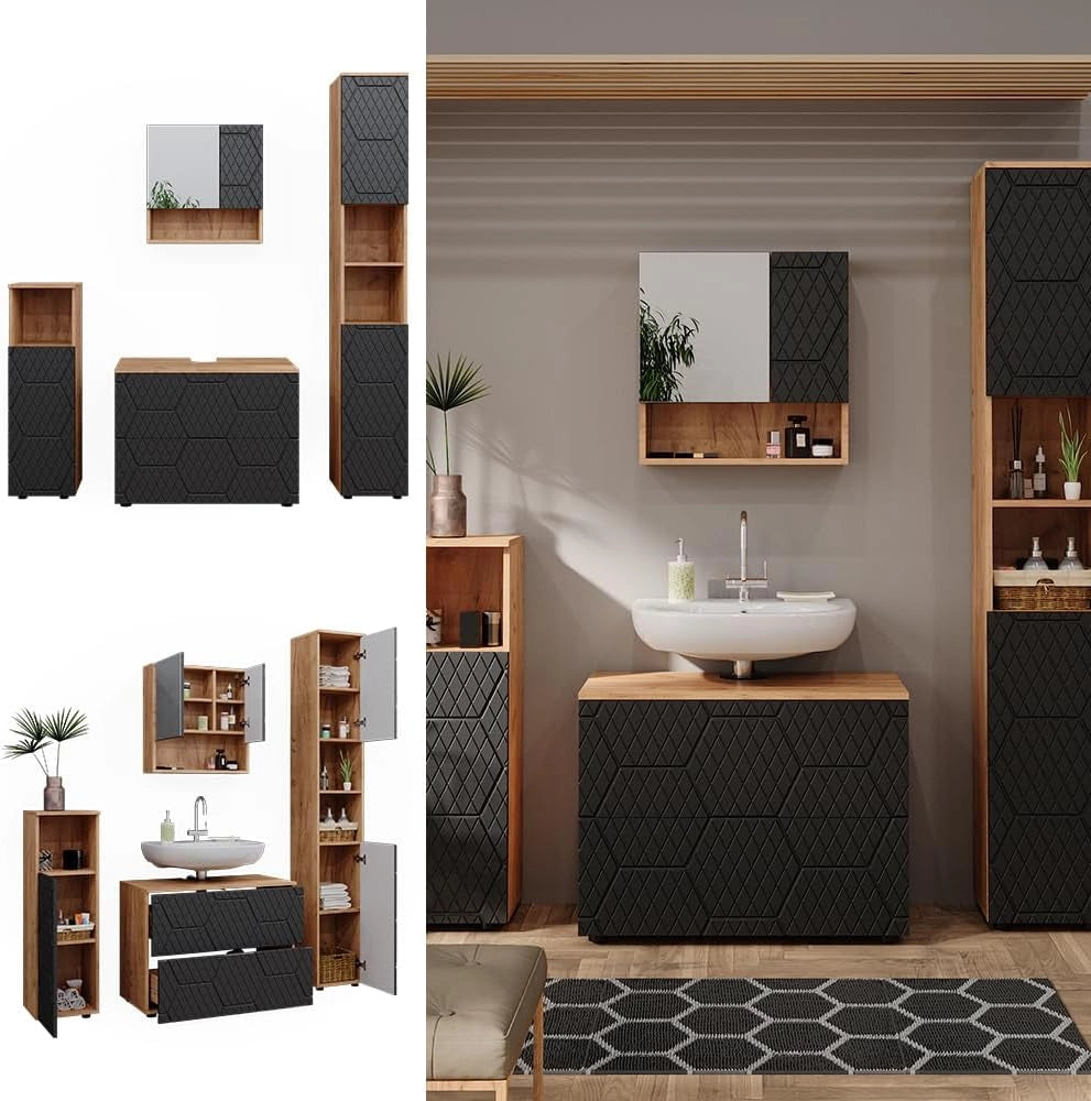 set mobili bagno Irma, Quercia dorata/Antracite, 4 pezzi, con cassettiera e colonna