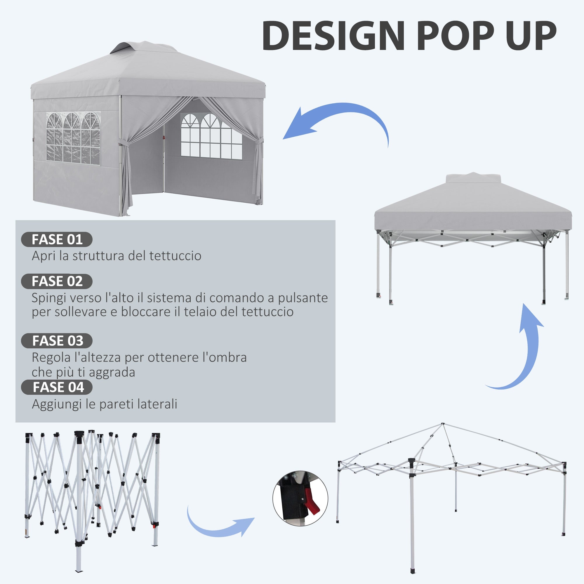 Gazebo da Giardino 297x297x284 cm con Altezza Regolabile su 3 Livelli e Finestre Grigio Chiaro