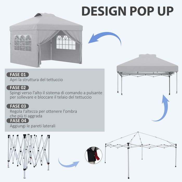 Gazebo da Giardino 297x297x284 cm con Altezza Regolabile su 3 Livelli e Finestre Grigio Chiaro