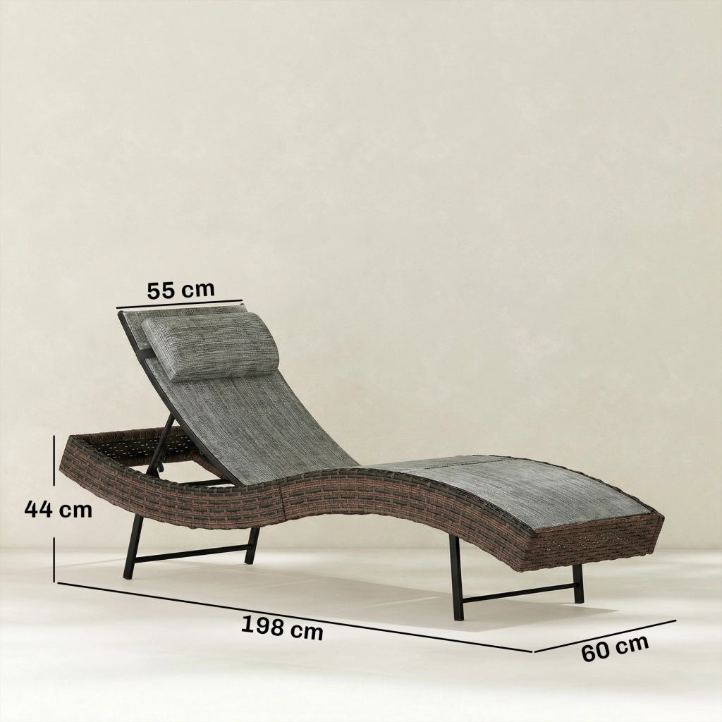 Lettino Prendisole da Giardino in Rattan Forma S con Cuscino a 5 Posizioni, 60x198x44cm, Marrone