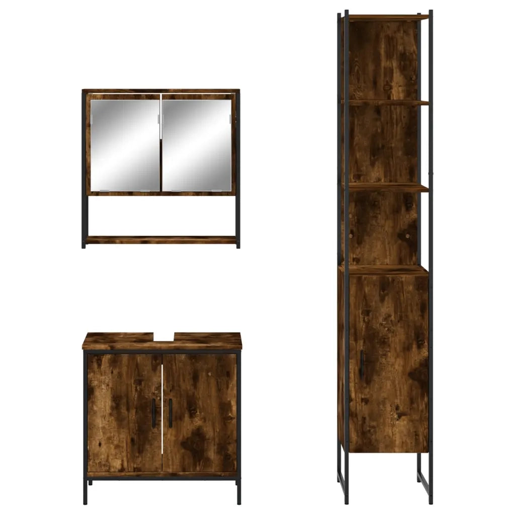 Set Mobili da Bagno | Armadio da bagno 3 pz Rovere Fumo in Legno Multistrato