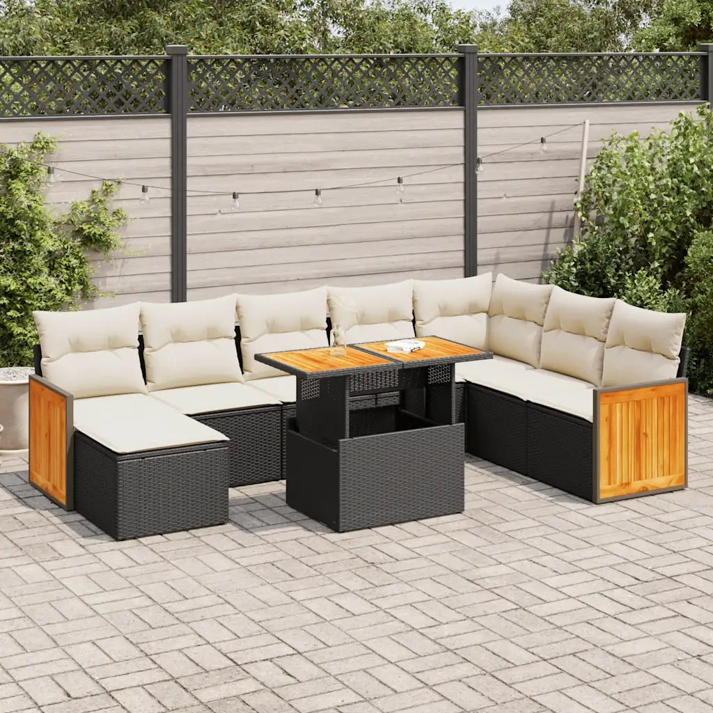 Set Divani da Giardino 9 pz con Cuscini Nero Polyrattan Acacia 3327745