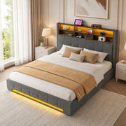 Letto contenitore 180x200 cm in velluto grigio scuro con LED e USB-C