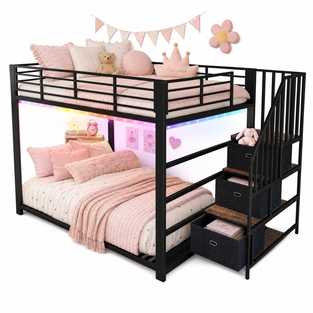 Letto a castello 140x200 cm con scala contenitore e LED in MDF e metallo nero