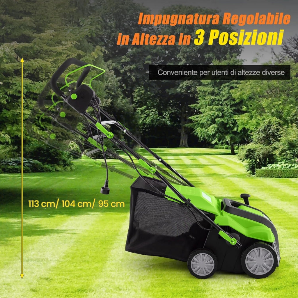 2 in 1 Scarificatore Elettrico, 40 cm, 2000W, 3500rpm, Erbicida Pieghevole con Sacca di Raccolta da 55L, Regolazione Profondità 5 Livelli, Adatto Prato 800 ㎡ (Verde)