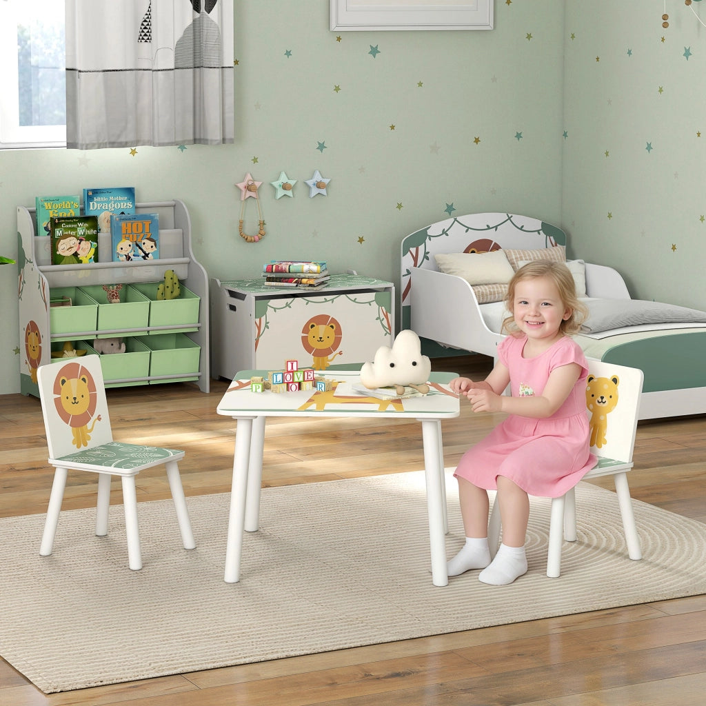 Set Tavolino e 2 Sedie per Bambini 3-8 Anni in MDF Fantasia con Animali Verde
