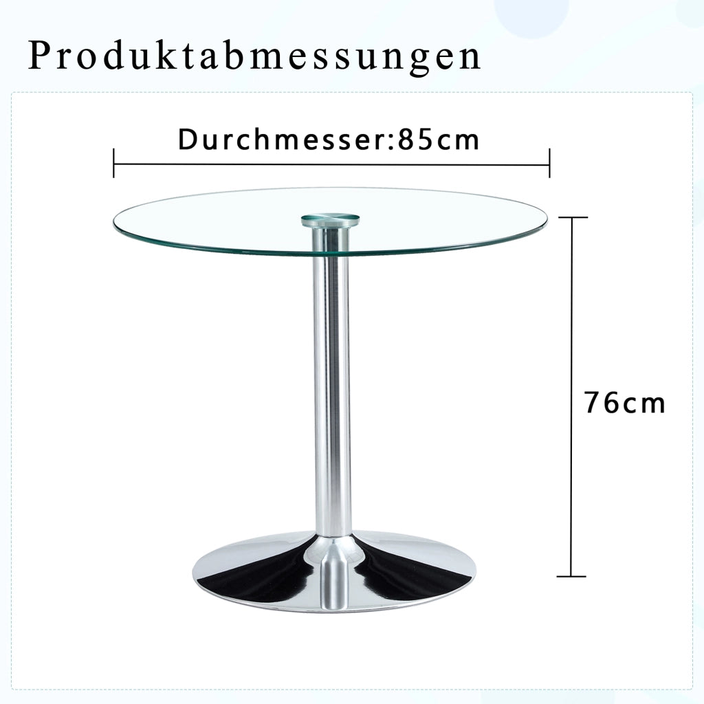 Tavolo da Pranzo Rotondo per 4 Persone; Stile Minimalista; in Vetro e Metallo; Argento Trasparente; 85 x 76 cm