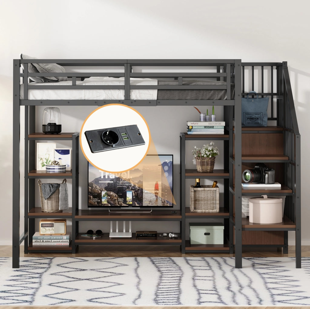 Letto a soppalco 90x200 cm nero con supporto TV e presa