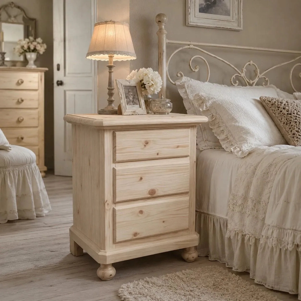 Comodino classico 3 cassetti legno massello abete grezzo 50x38x65 (307) - Mobili 2G