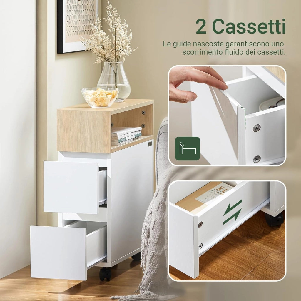 Tavolino Stretto con Rotelle e 2 Cassetti - Tavolino da Notte Multifunzionale per Camera da Letto/Soggiorno, Mobile con Rotelle Bianco/Naturale 50x20x61cm FBT155-WN