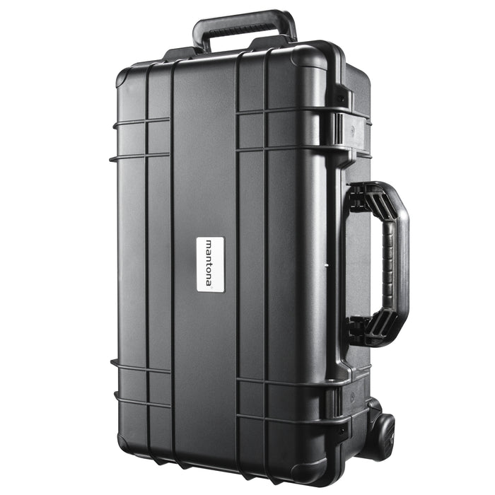 Mantona Outdoor Trolley fotografico nero, impermeabile, antiurto, antipolvere e impilabile, Valigia rigida imbottita in schiuma, per attrezzature fotografi e oggetti di valore