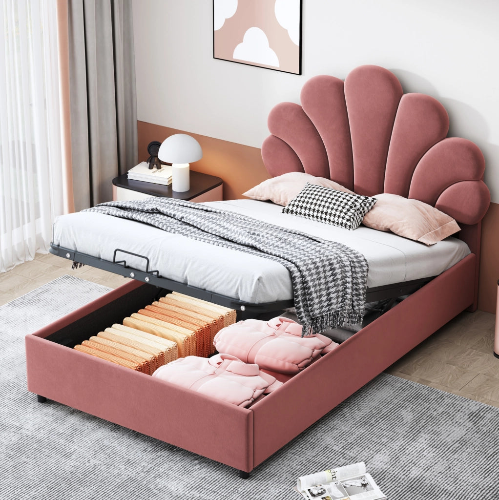 Letto imbottito 90x200 cm rosa con testiera floreale, vano contenitore e rete a doghe