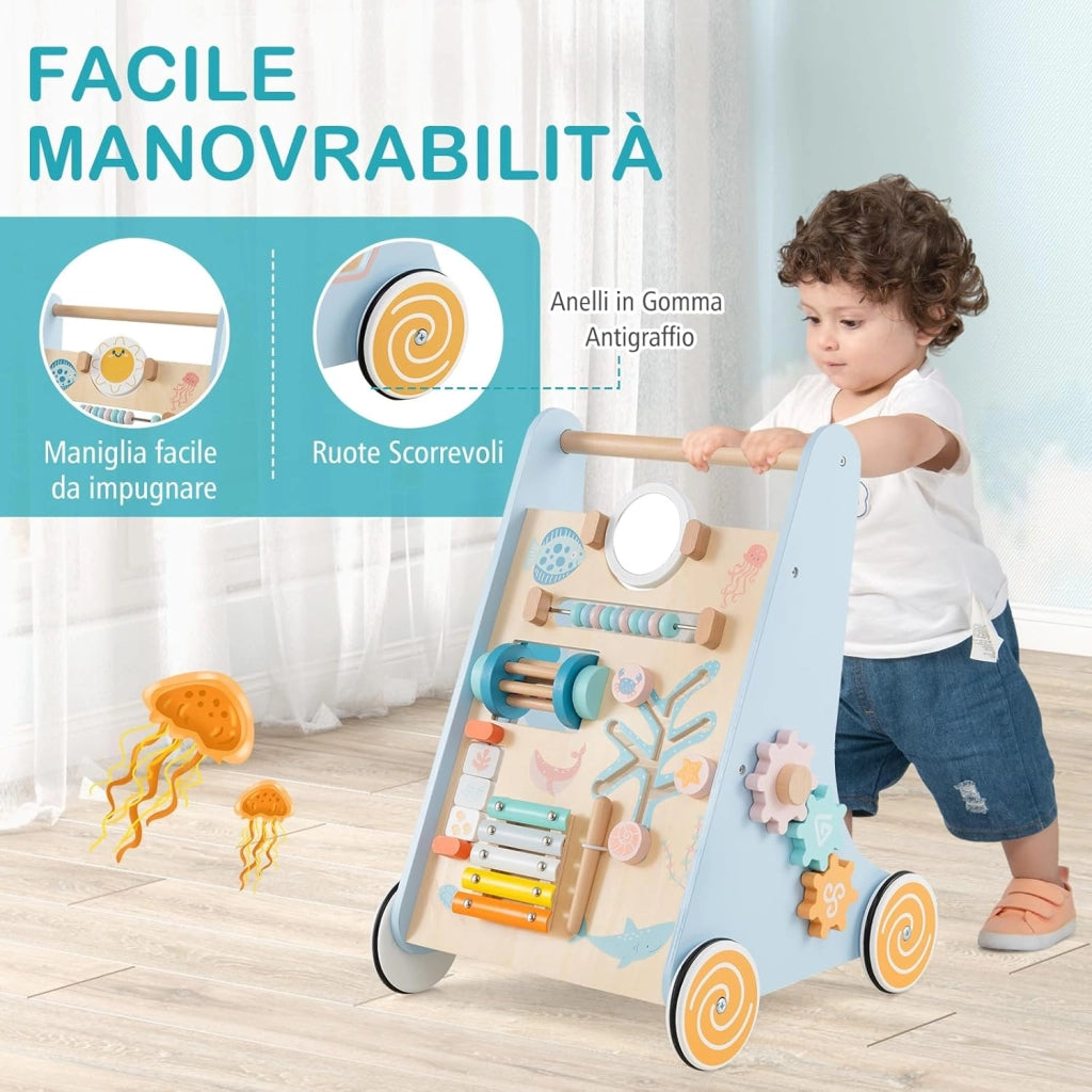 8 in 1 Carrellino Primi Passi, Girello in Legno per Bambini, Giocattolo Montessori con Ruote, Giocattolo da Spinta per Bambini 1+ Anni