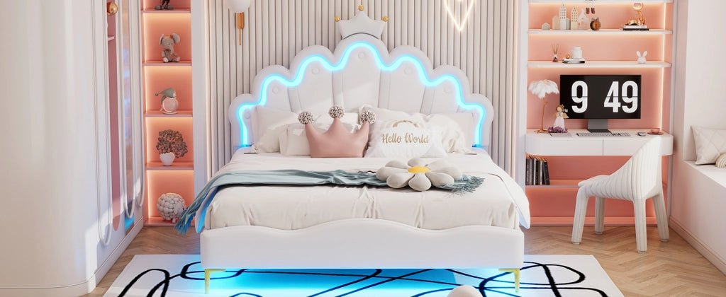 DESMIU Letto Matrimoniale 140 × 200 cm con LED regolabile e testiera regolabile, senza materasso, PU bianco