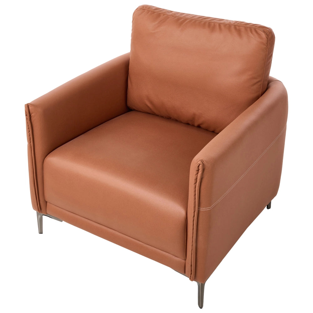Poltrona in tessuto marrone dorato, imbottita, stile moderno, con gambe in metallo, minimalista