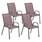 SET 4 SEDIE DA GIARDINO IMPILABILI CON BRACCIOLI CURVI, IN ACCIAIO E TESSUTO TRASPIRANTE, 54X71X93 CM, MARRONE