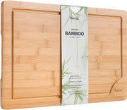 Snijplank in legno di bambù biologico extra grande 45cm x 30cm x 2cm. Ideale per carne, verdure, tapas e formaggi. Qualità professionale per la sostenibilità. Profilo a gocce.