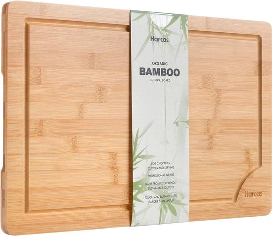 Snijplank in legno di bambù biologico extra grande 45cm x 30cm x 2cm. Ideale per carne, verdure, tapas e formaggi. Qualità professionale per la sostenibilità. Profilo a gocce.