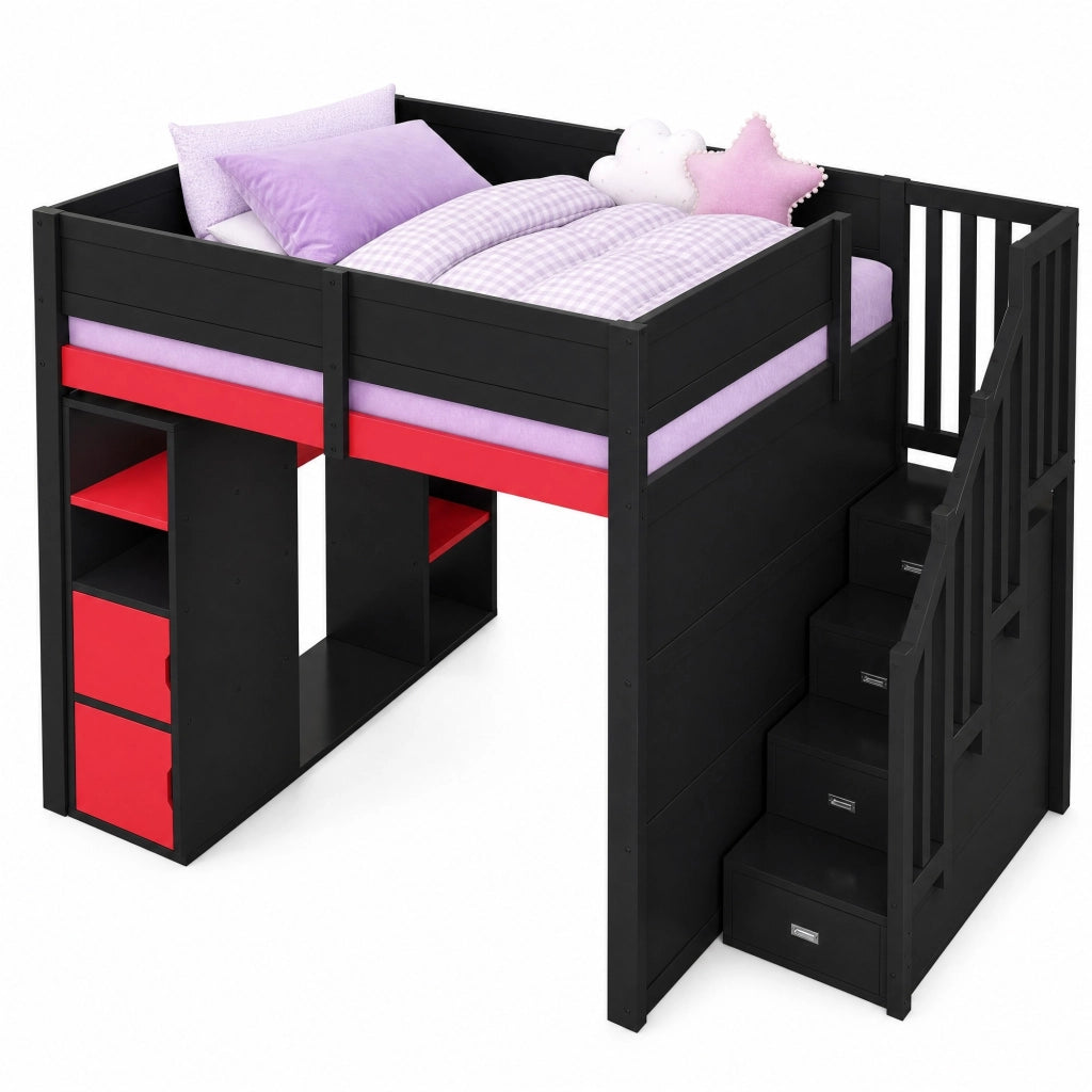 Letto a soppalco gaming 140x200 cm con scrivania; LED e scala contenitore; nero e rosso