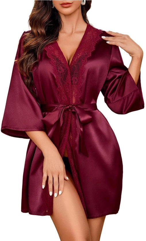 Kimono da sera con cintura per donna, V-collo, notte, abito da sposa, vestito da camera, abito da letto, colore rosso scuro