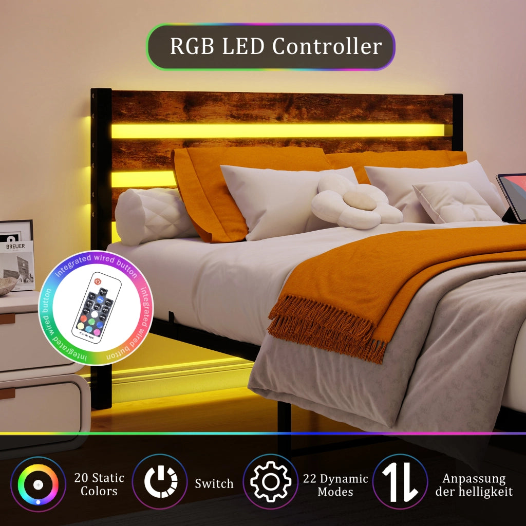 Letto in metallo con USB LED 140x200 cm MDF marrone e metallo