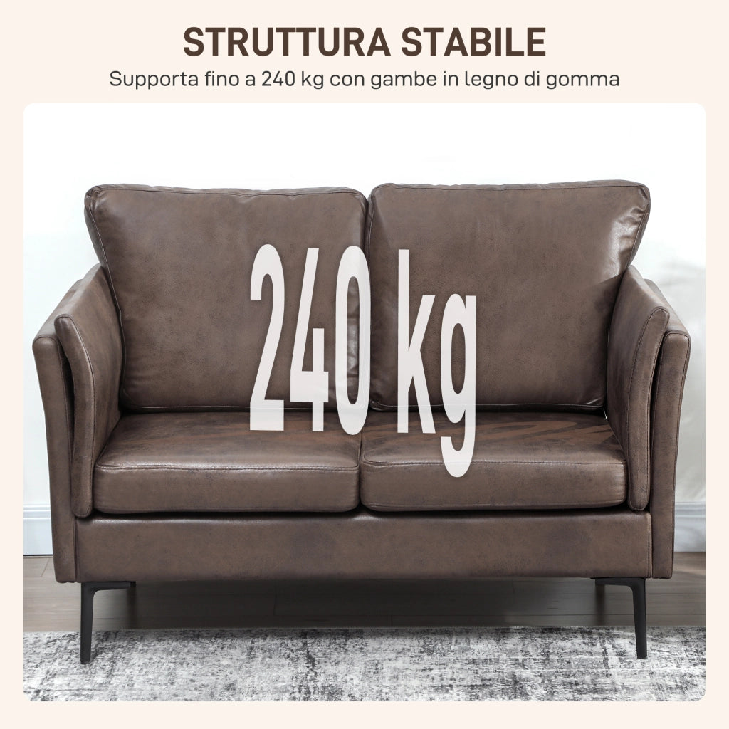 Divano 2 Posti Design Minimal 137x72x88 cm con Imbottitura Spessa in Poliestere Effetto Pelle Marrone Scuro
