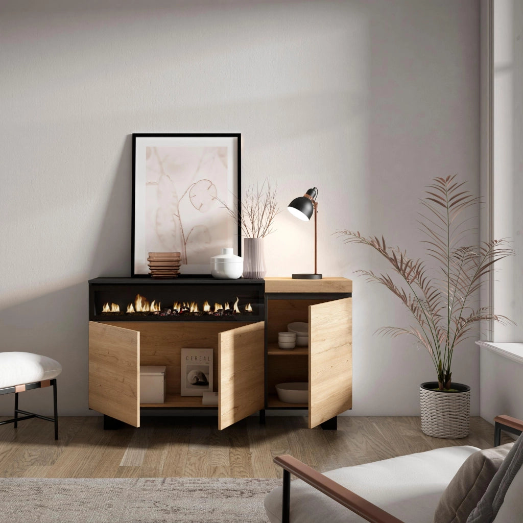 Credenza, Mobile, 150x35x87cm, 3 Porte, Camino elettrico, Design industriale, colore Rovere e nero RF2519
