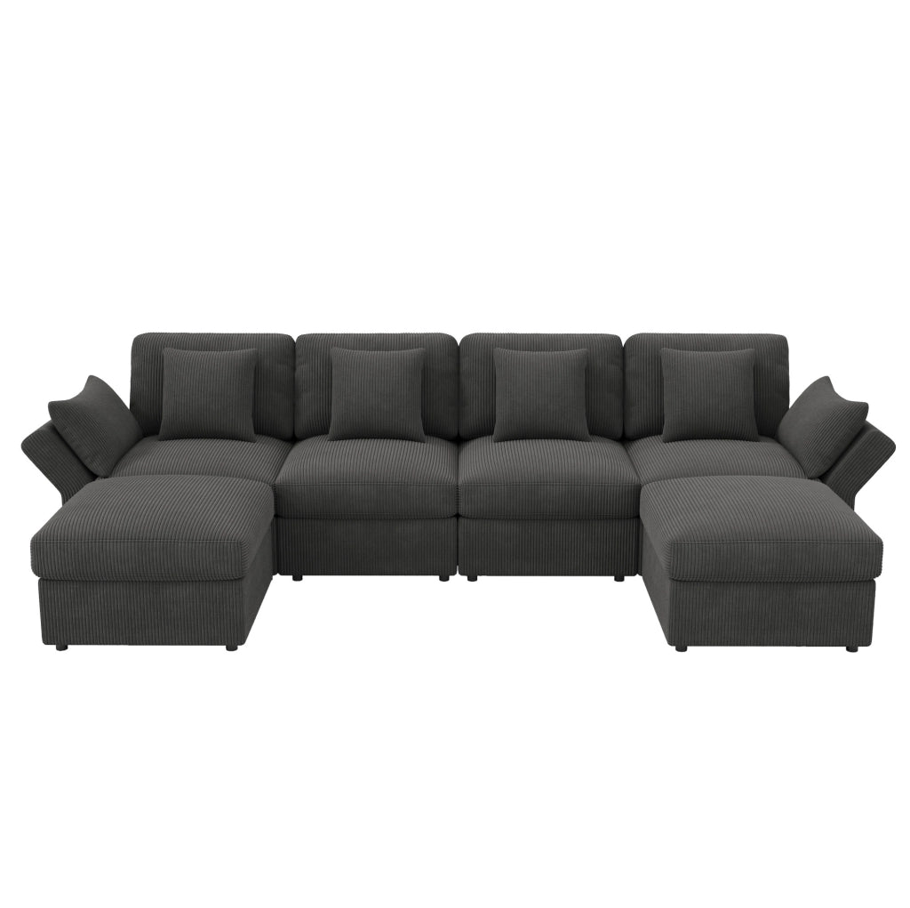 Divano modulare grigio in velluto a coste con 2 pouf