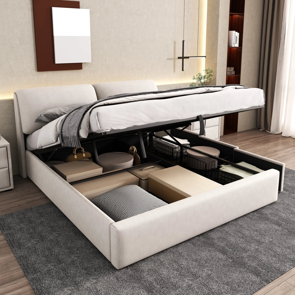Letto contenitore 160 × 200 cm con 3 cassetti, apertura idraulica e vano integrato, senza materasso, in velluto beige