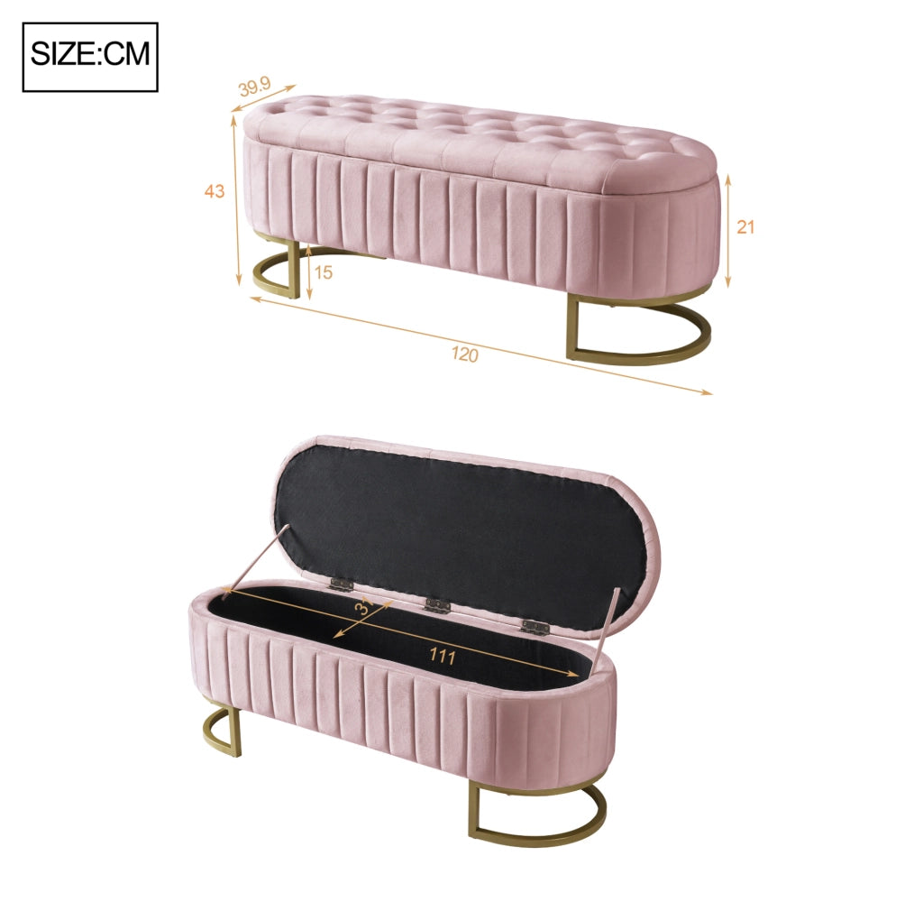 Panca contenitore multifunzionale 120 cm in velluto rosa con gambe in metallo