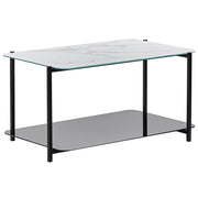 Tavolino Bianco e Vetro Acciaio Nero 77 x 47 cm Rettangolare Piano in Vetro Temperato Effetto Marmo Glam Modern