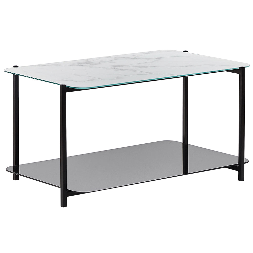 Tavolino Bianco e Vetro Acciaio Nero 77 x 47 cm Rettangolare Piano in Vetro Temperato Effetto Marmo Glam Modern