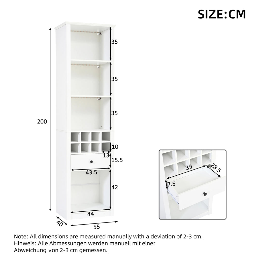 Credenza alta con 1 cassetto; 12 vani e LED - per soggiorno - in MDF - 55×40×200 cm