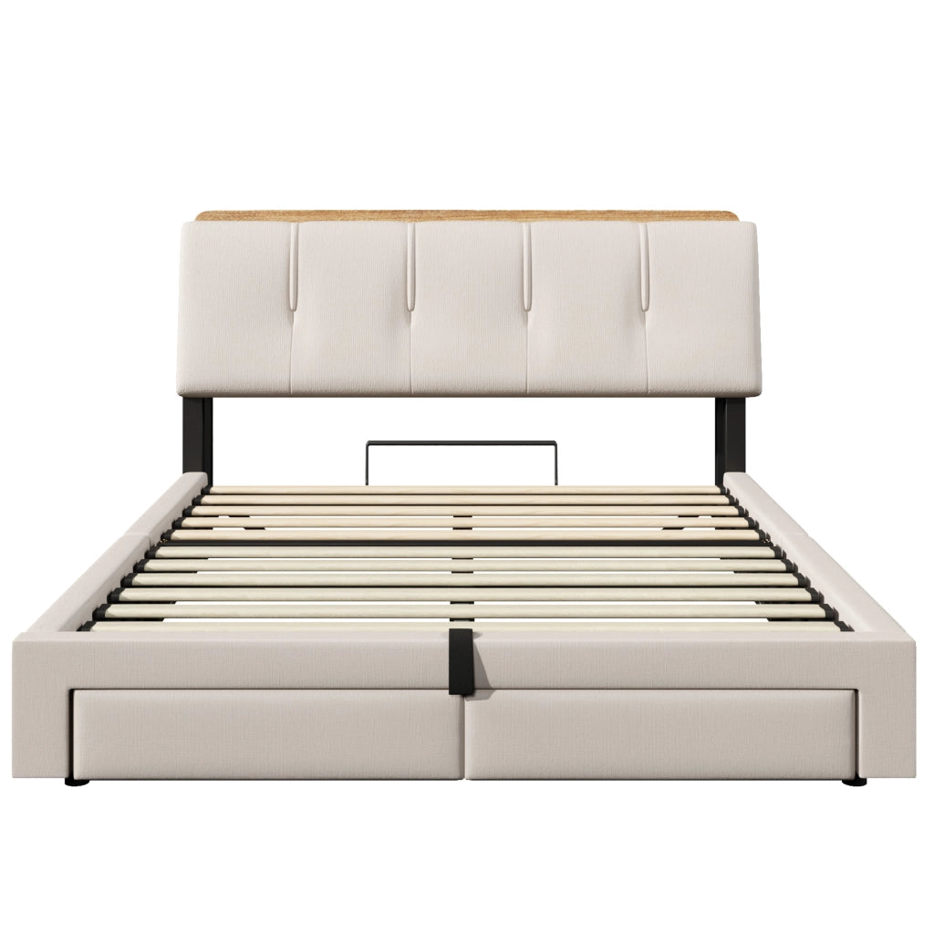 Letto contenitore 140x200 cm; con USB e LED; lino beige (Senza materasso)