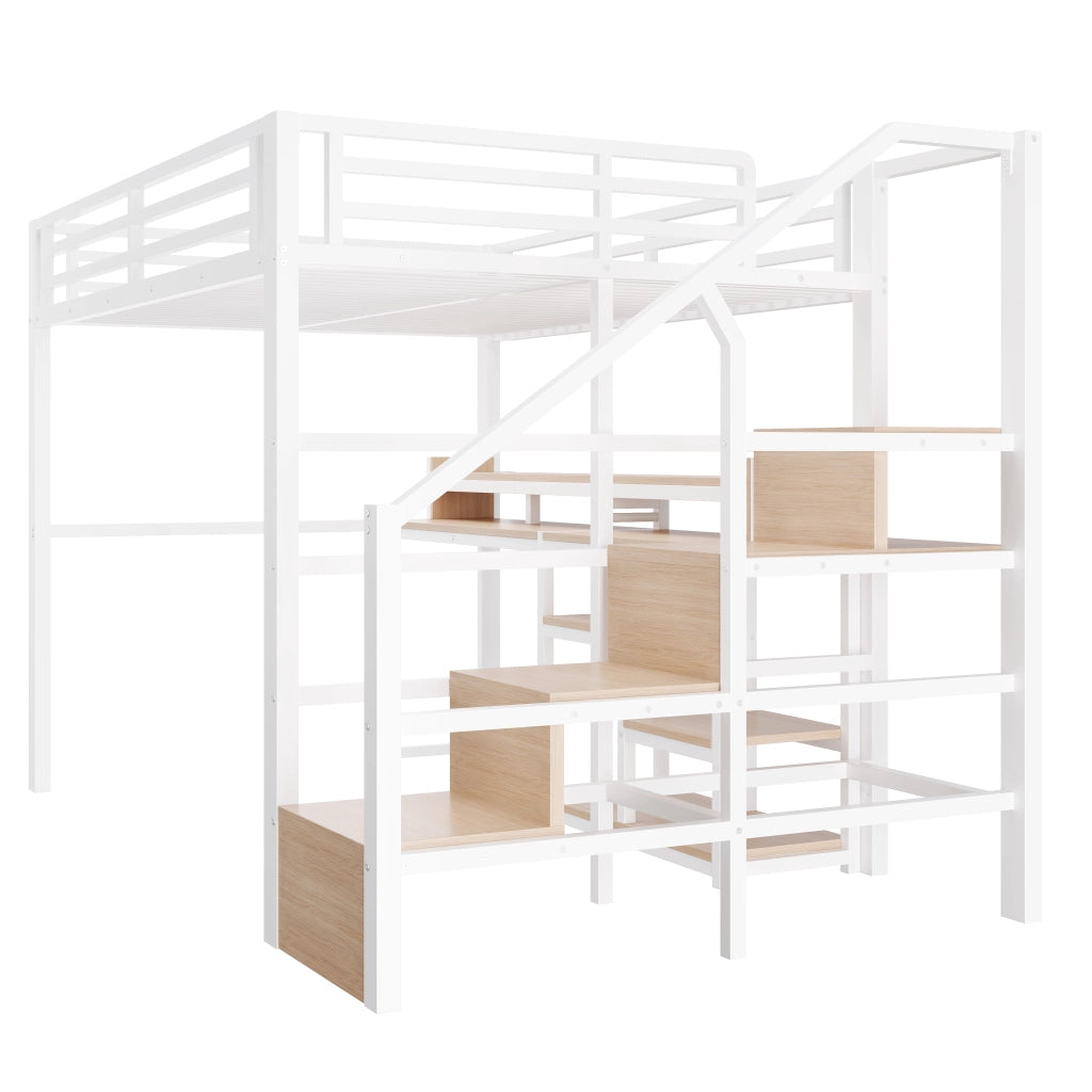 Letto a soppalco 140 × 200 cm con scala, ripiano, USB e type-c, LED in metallo e MDF bianco