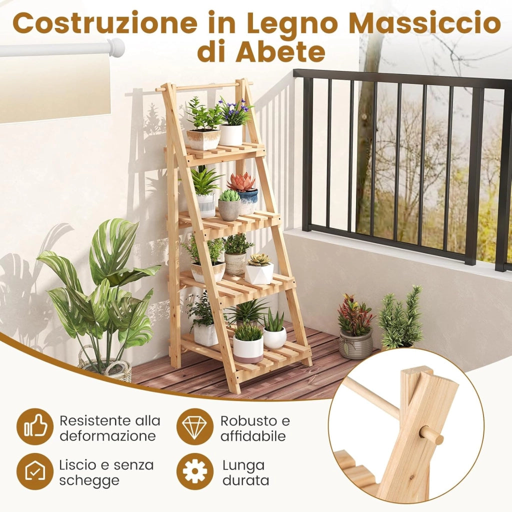 Scaffale Porta Piante a Scala Pieghevole, Scaffale per Vasi in Legno a 4 Livelli, Supporto Porta Fiori da Interno ed Esterno, Soggiorno Camera da Letto, Balcone