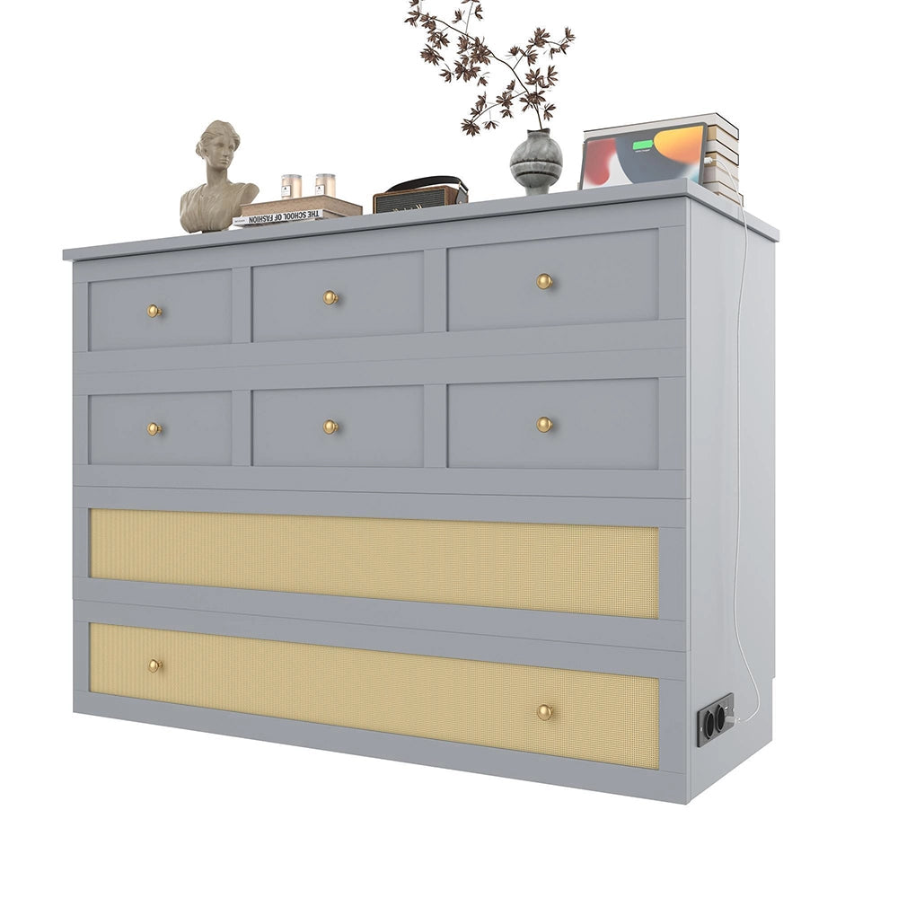 Letto contenitore 140x200 cm - Xylo - con cassetti e ripiano, porte USB e presa, grigio, senza materasso