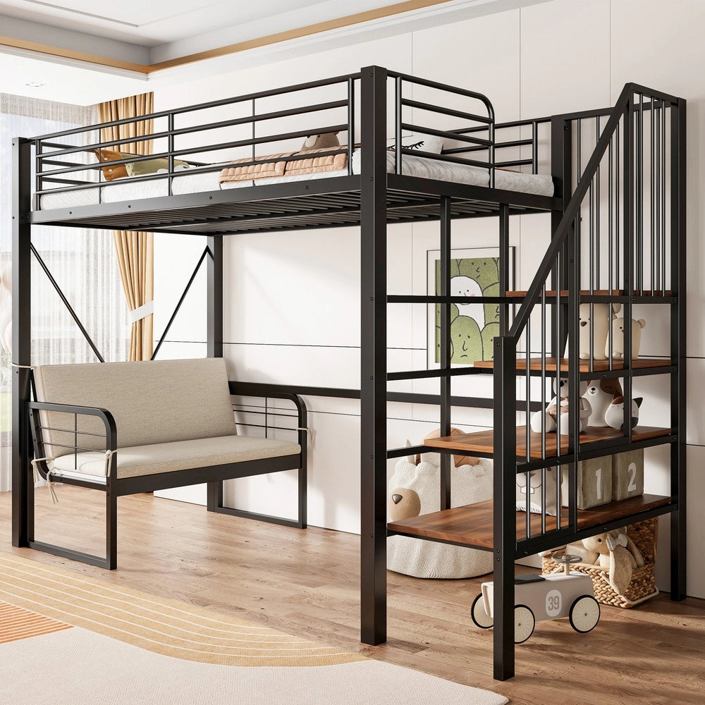 Letto a Castello con Divano Imbottito ¨C Xylo ¨C Metallo Nero, Contenitore, 90x200