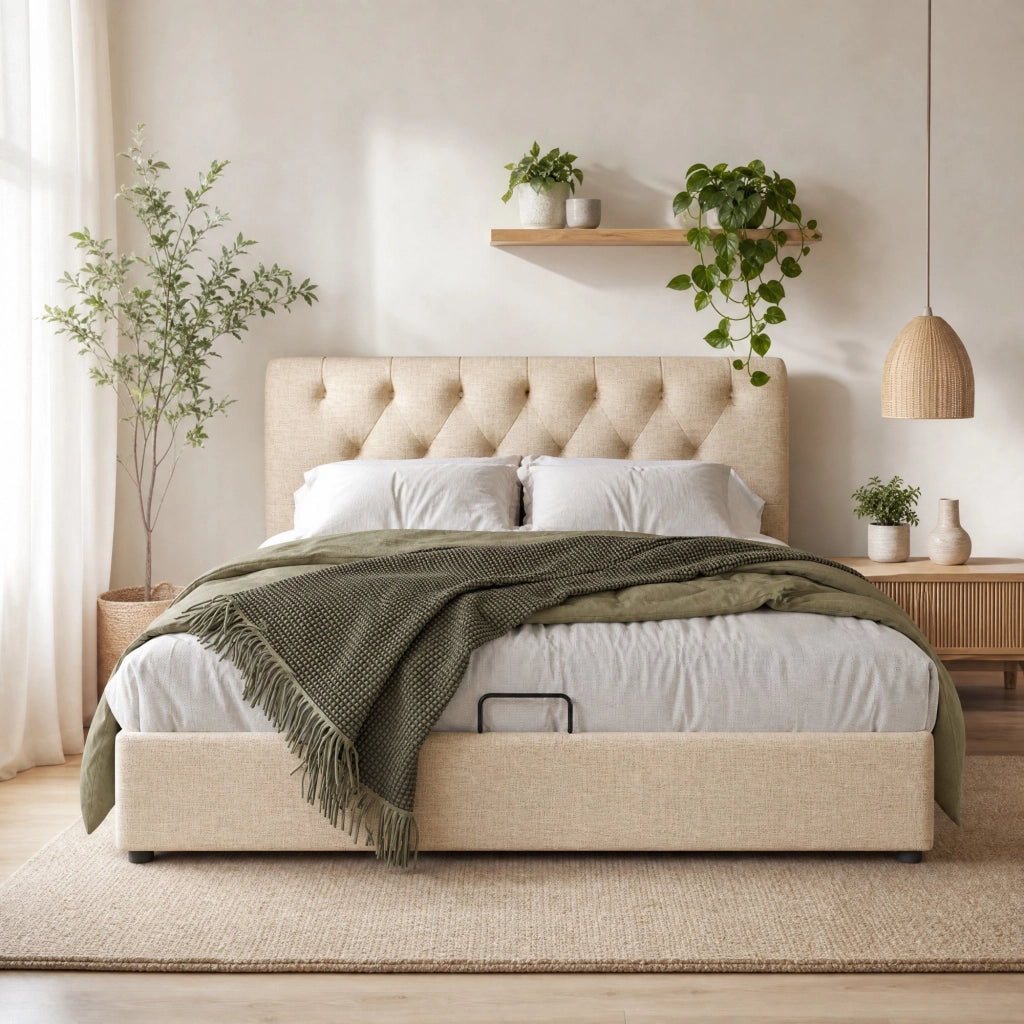 Letto imbottito 140x200 cm con contenitore, testiera regolabile e materasso incluso, colore naturale