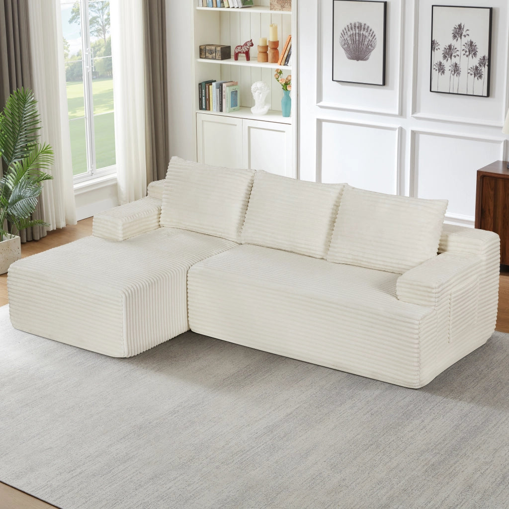 Divano angolare modulare con comfort profondo e senza montaggio in velluto a coste bianco per soggiorno e ospiti