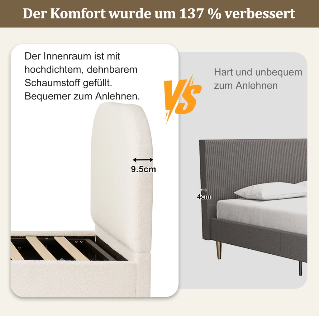 Letto singolo per bambini 90x200 cm con contenitore idraulico; testiera imbottita; bouclé beige