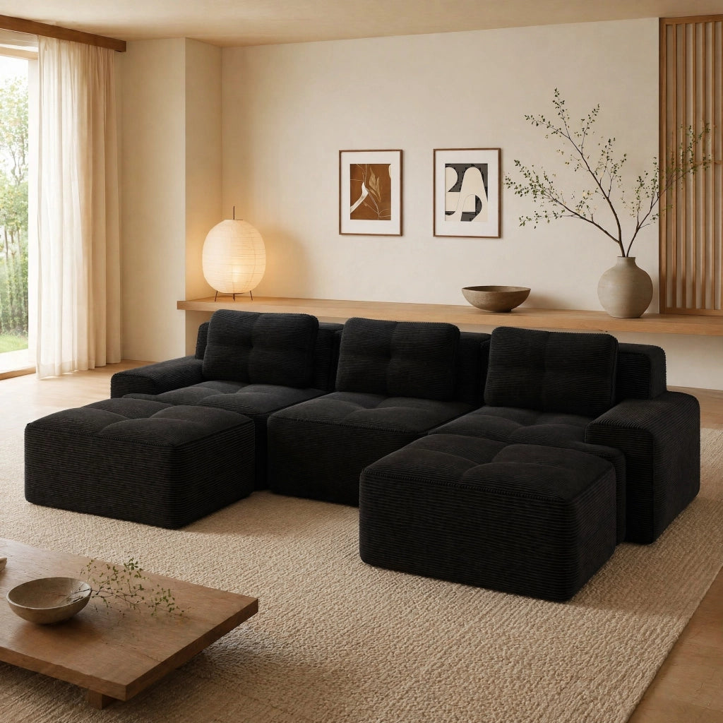 Divano modulare a U 293x177 cm in velluto a coste nero HOMVRA
