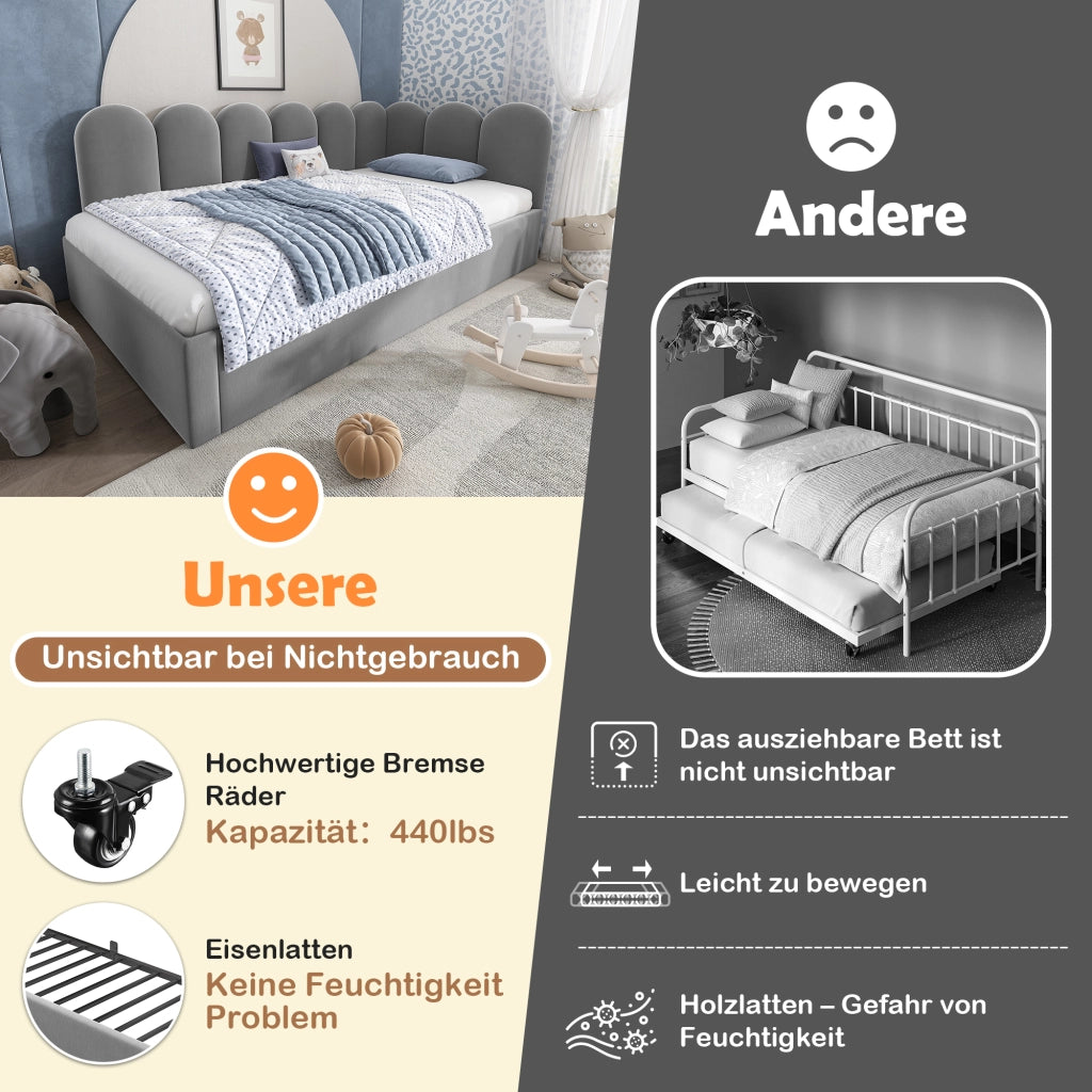 Letto giorno con estrazione in velluto grigio 90x200 cm