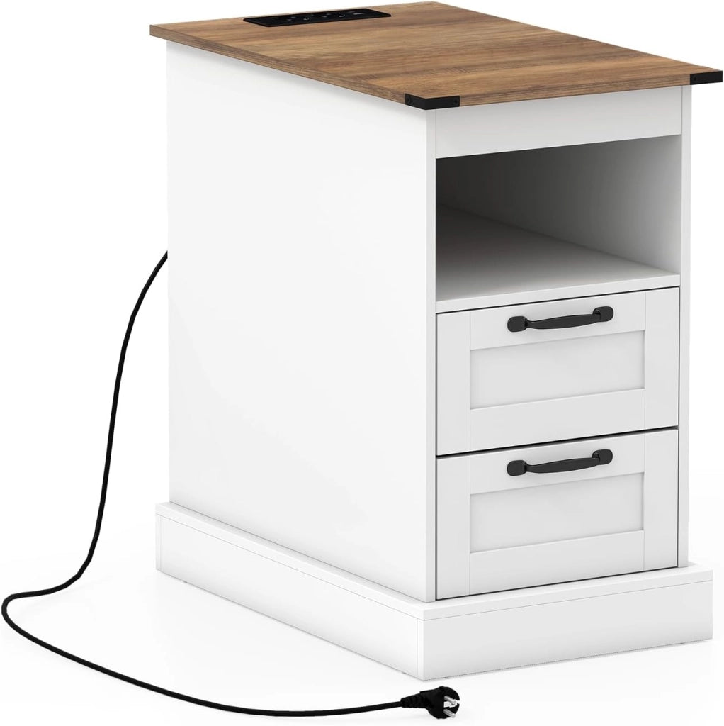 Comodino con Stazione di Ricarica Integrato, Tavolino Laterale in Legno Compatto con Ripiani e 2 Cassetti, per Camera da Letto e Soggiorno, 60 x 35,5 x 62 cm (Marrone)
