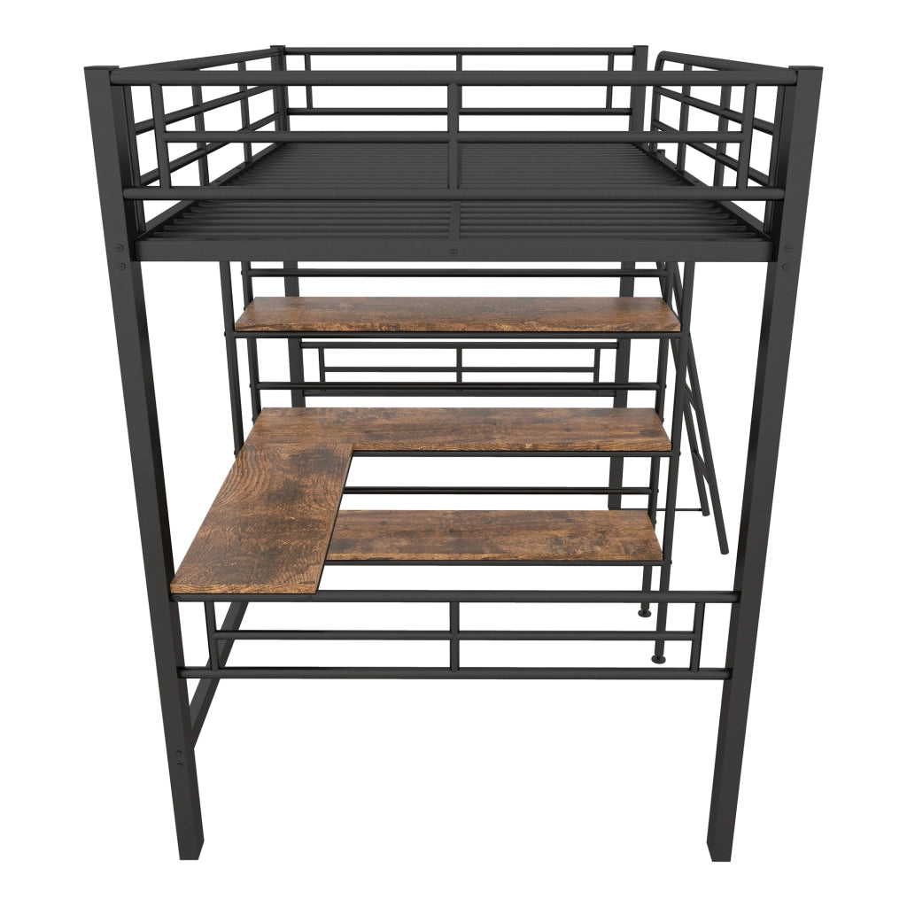 OKWISH Letto a Soppalco 90×200 cm, Letto Singolo con Scrivania, Mensole, Sponda e Scala, senza Materasso, in Metallo, Nero
