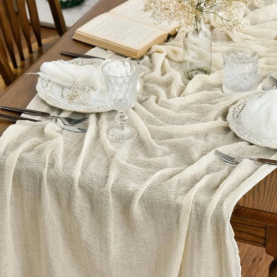 Tela di cotone gauze beige, 80x300 cm, decorazione per tavolo da pranzo, per interni, per occasioni speciali come matrimoni, feste e compleanni.