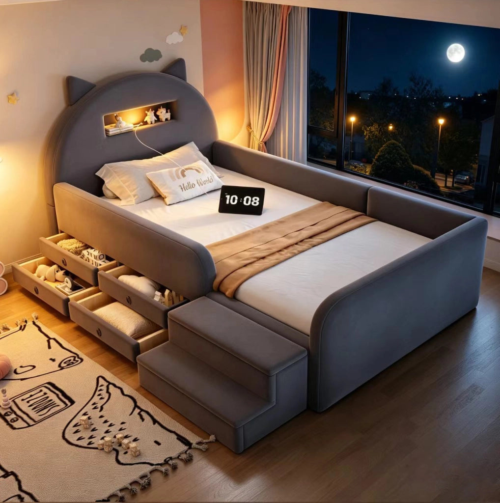 Letto per bambini imbottito 90x200 cm con contenitore, luce notturna USB e cassetti