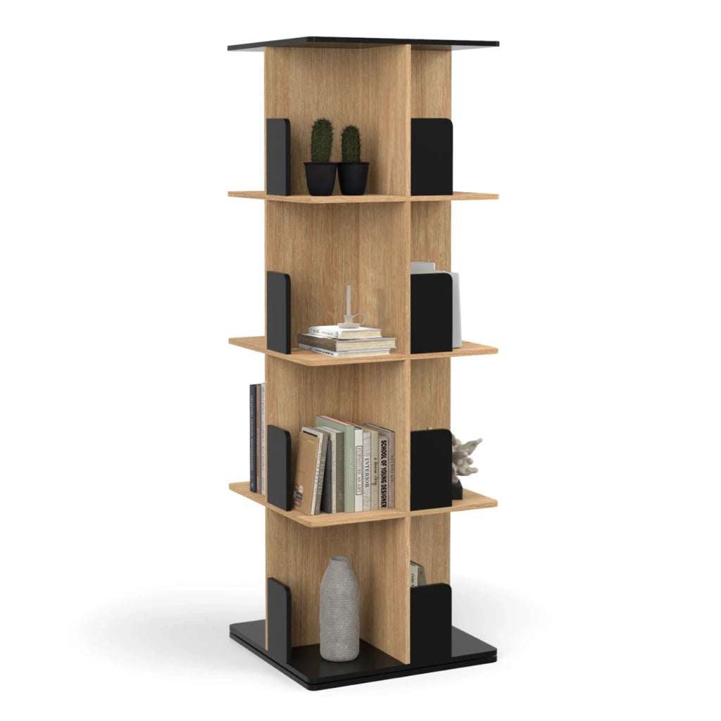 IDMarket - RAPHA Libreria rotante a 4 livelli in nero ed effetto legno