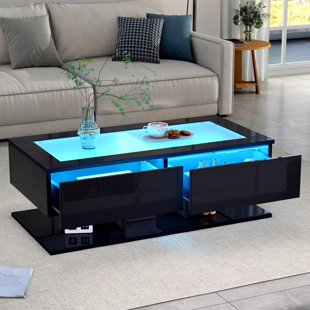 Tavolino basso con 2 cassetti, piano in vetro temperato e LED, finitura lucida, per soggiorno, nero, 100 × 50 × 35 cm